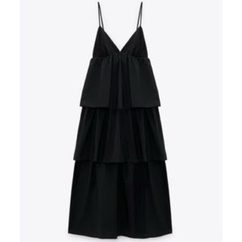 Zara Spagetti Strap Ruffled Black Midi Dress Small